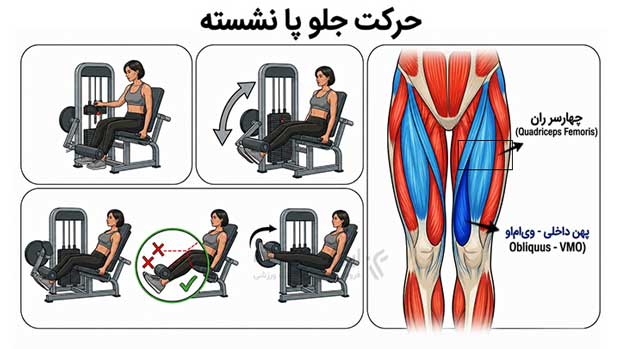 آموزش تصویری حرکت جلو پا نشسته با دستگاه بدنسازی برای اصلاح زانوی ضربدری