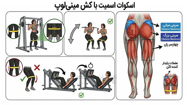 آموزش تصویری اسکوات اسمیت با کش مینی لوپ برای اصلاح زانوی ضربدری